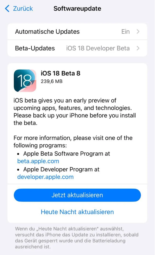 阳日镇苹果手机维修分享苹果 iOS / iPadOS 18 开发者预览版 Beta 8 发布 